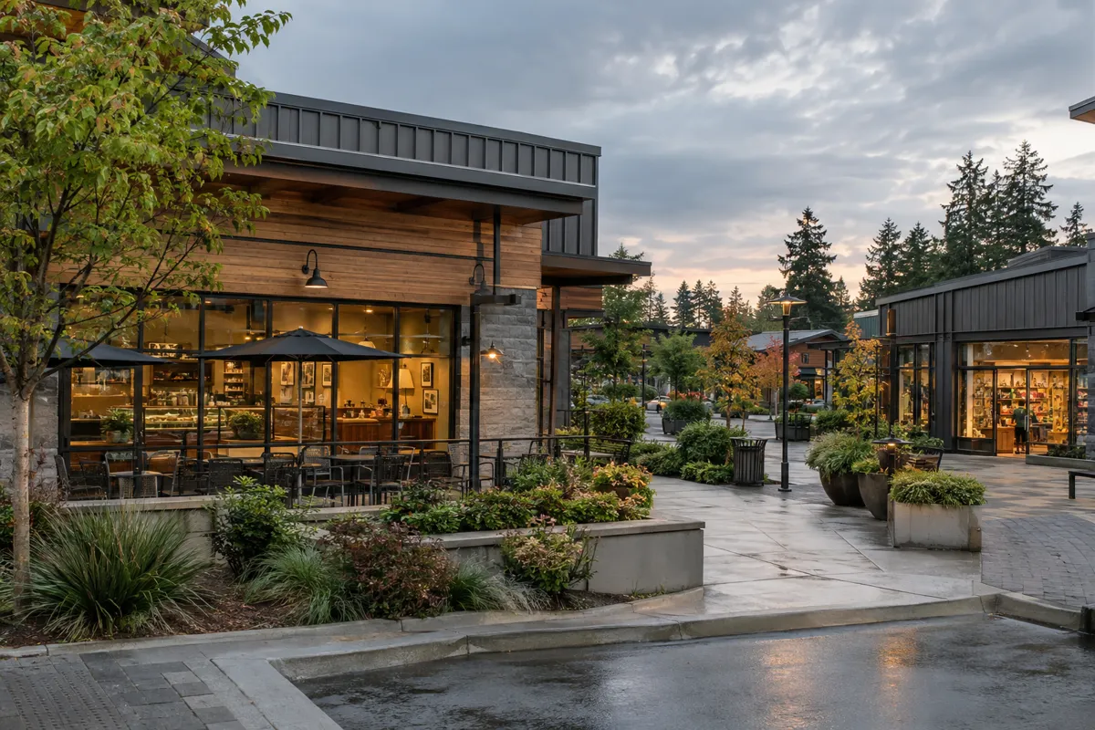 Neighborhood retail center with cafe storefronts and a landscaped plaza