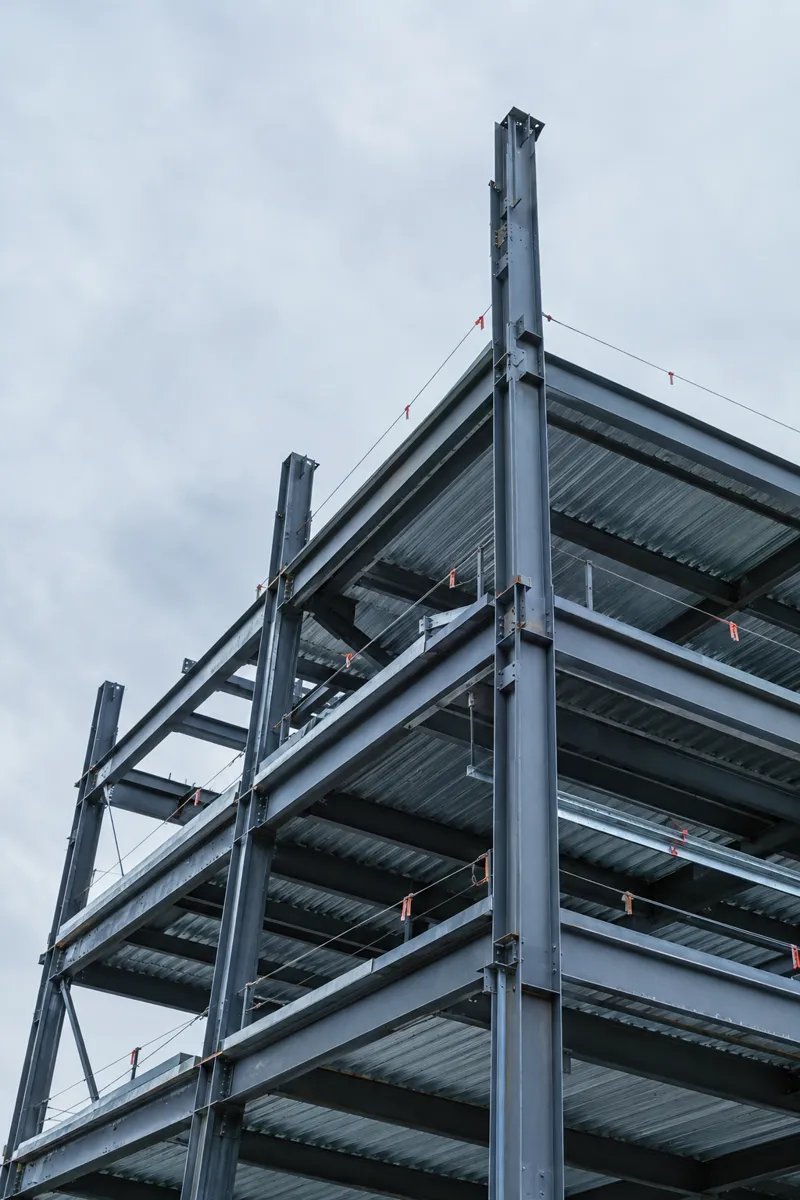 Structural steel framing of a commercial building under construction