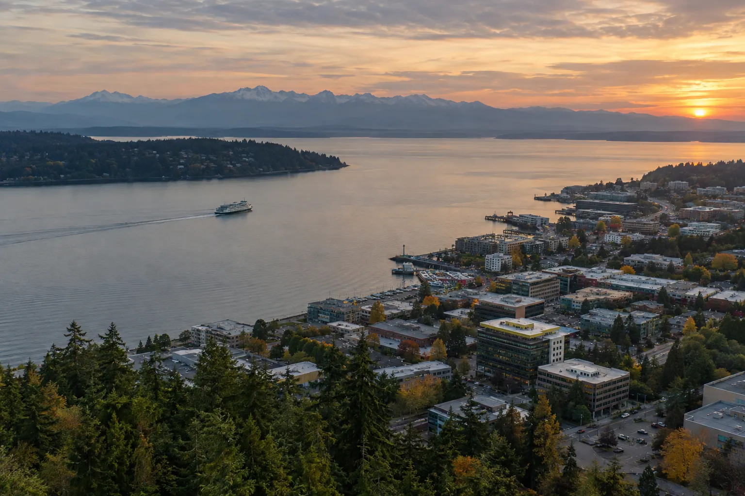 Aerial view of the Puget Sound shoreline at sunset with the Olympic Mountains